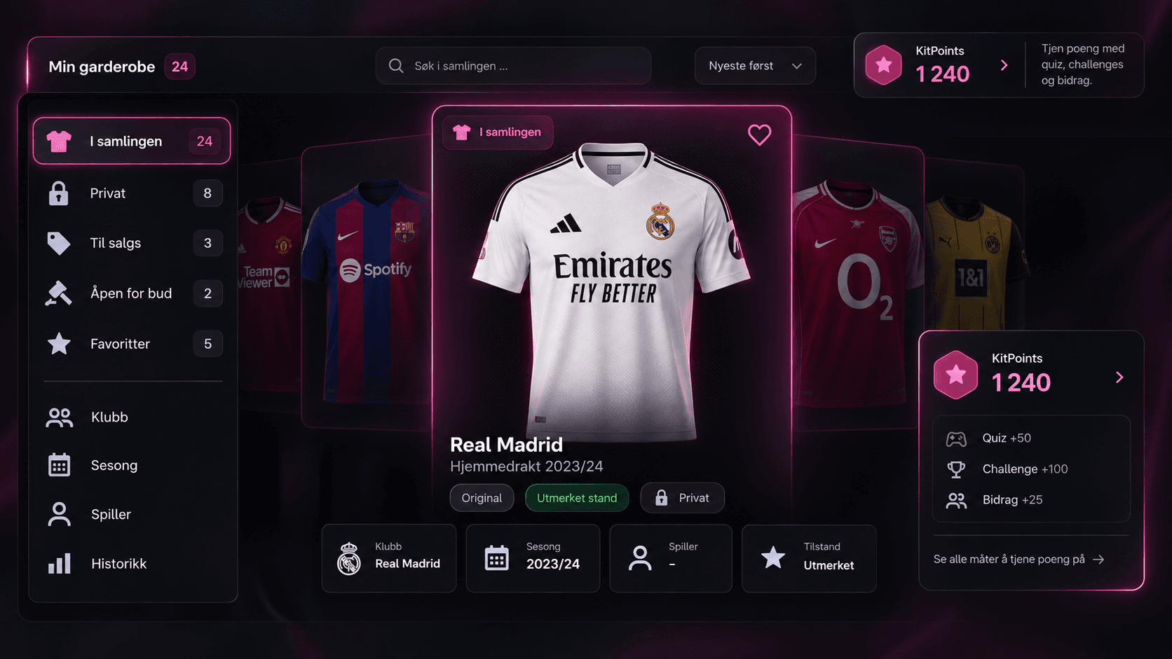 Illustration of the KitIndex digital wardrobe with shirts, collection status and KitPoints